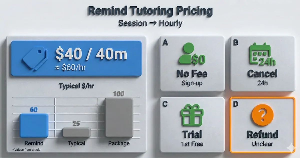 Pricing and policy infographic for Remind Tutoring showing $40 per 40-minute session, $60/hour rate, cancel-24h rule, and refund note.
