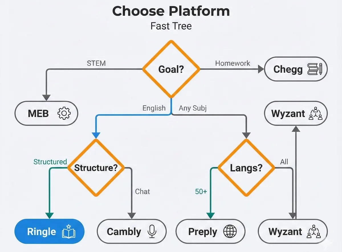 Decision tree that helps choose between Ringle, Cambly, Wyzant, Preply, Chegg, and My Engineering Buddy based on goal and learning style.