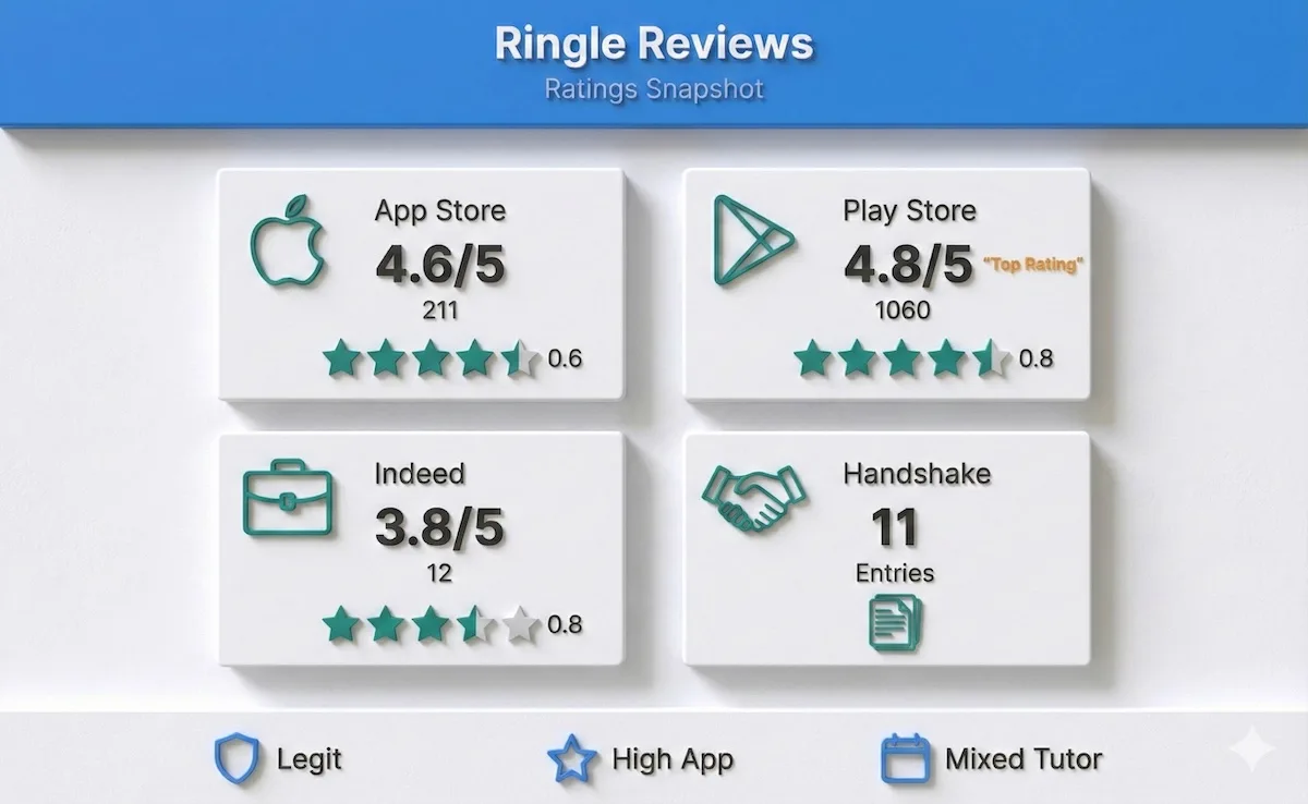 Ringle reviews infographic showing App Store, Play Store, Indeed, and Handshake ratings with star scores and counts.