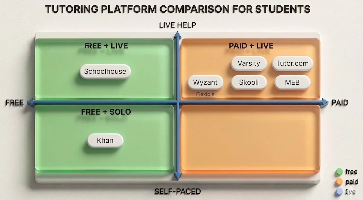 Comparison matrix showing Schoolhouse alternatives by cost, learning format, and best use case for students choosing free or paid tutoring.