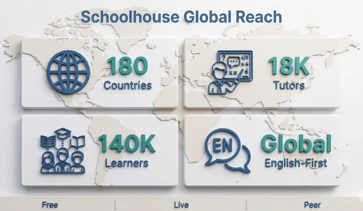 Data chart highlighting Schoolhouse global reach with 180 countries, 18,000 tutors, 140,000 learners, and English-first access.