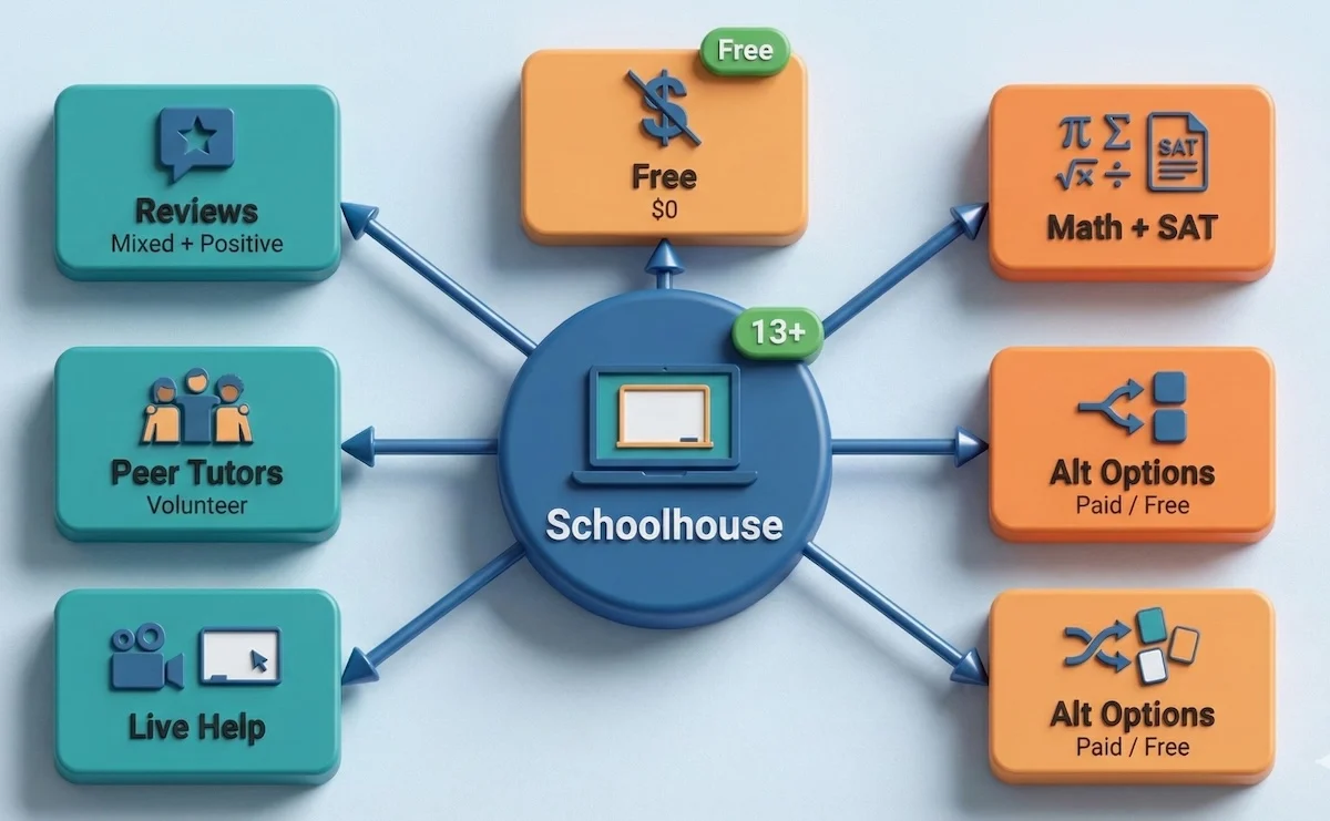 Concept diagram summarizing Schoolhouse reviews, free pricing, subjects, peer tutors, and alternatives for students comparing tutoring platforms.