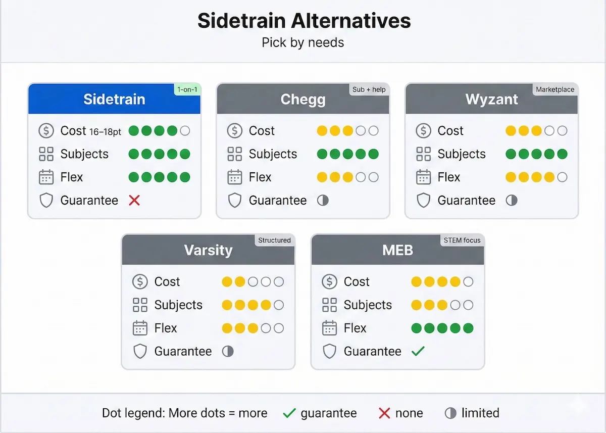 Comparison grid of Sidetrain vs Chegg, Wyzant, Varsity Tutors, and My Engineering Buddy using icon ratings for cost, flexibility, and guarantees.