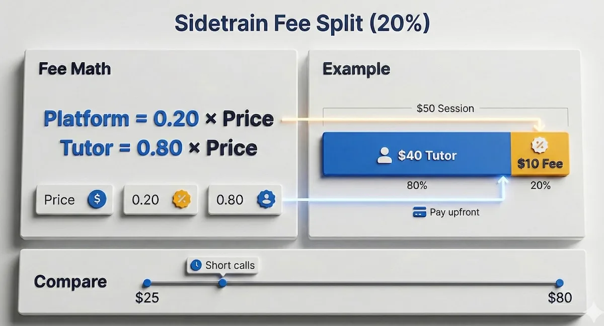 Sidetrain fee split infographic showing 20% platform commission and 80% tutor payout with a $50 session example split bar.