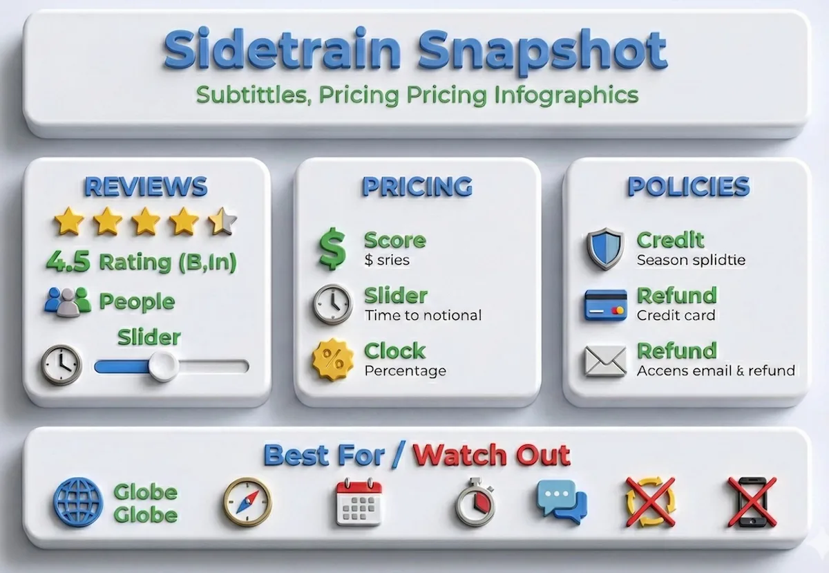 Sidetrain snapshot infographic showing Trustpilot and Product Hunt ratings, pricing model basics, and refund/support policy highlights.