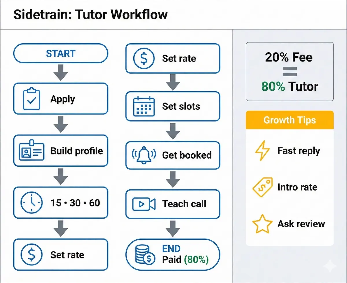 Sidetrain tutor workflow infographic showing onboarding steps, 15/30/60 session options, and earnings split with 20% platform fee and 80% payout.