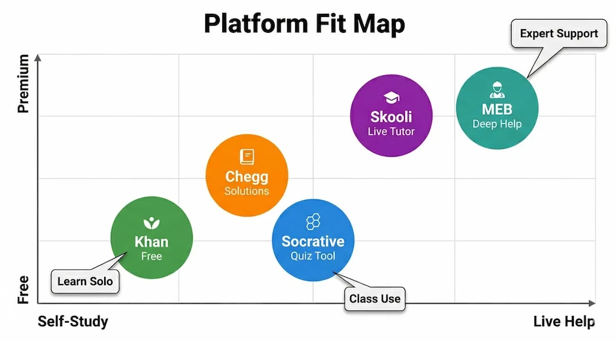 Platform comparison chart positioning Socrative, MEB, Chegg, Khan Academy, and Skooli by cost level and type of learning support.