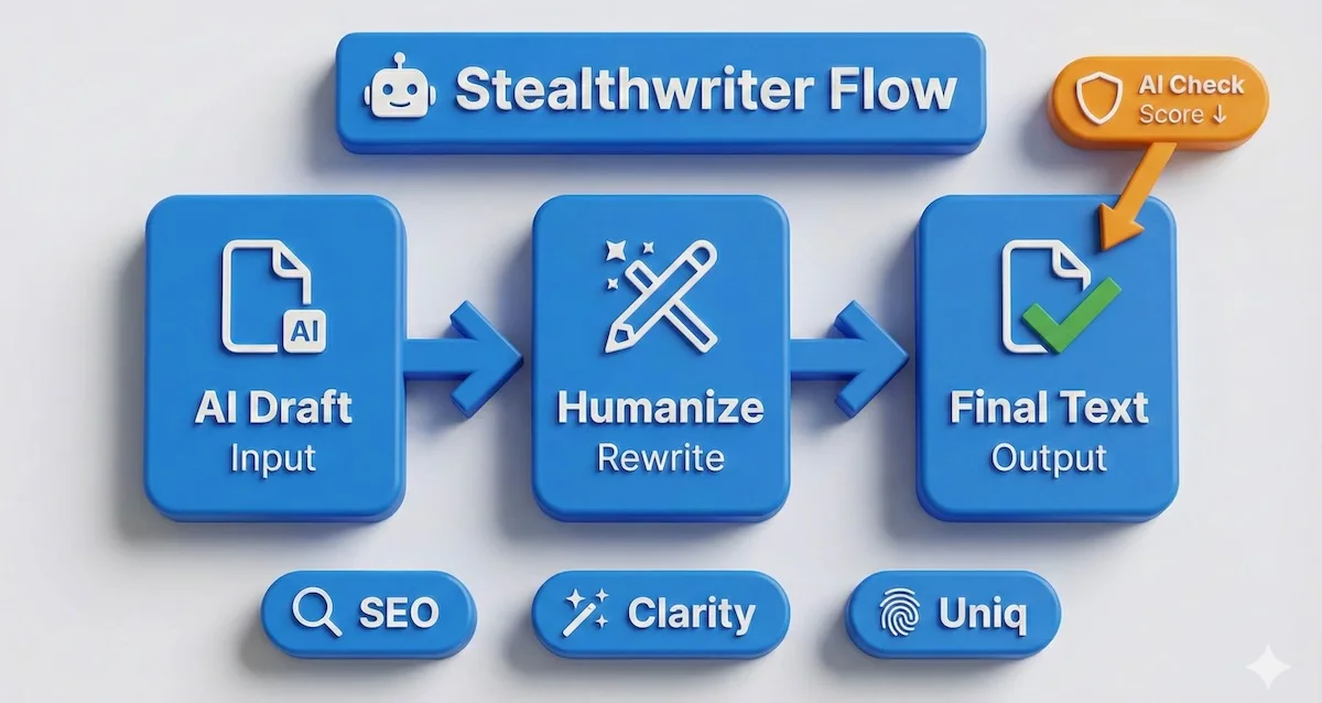 Stealthwriter infographic showing AI draft input, humanize rewrite step, and final text output with simple icons and arrows.