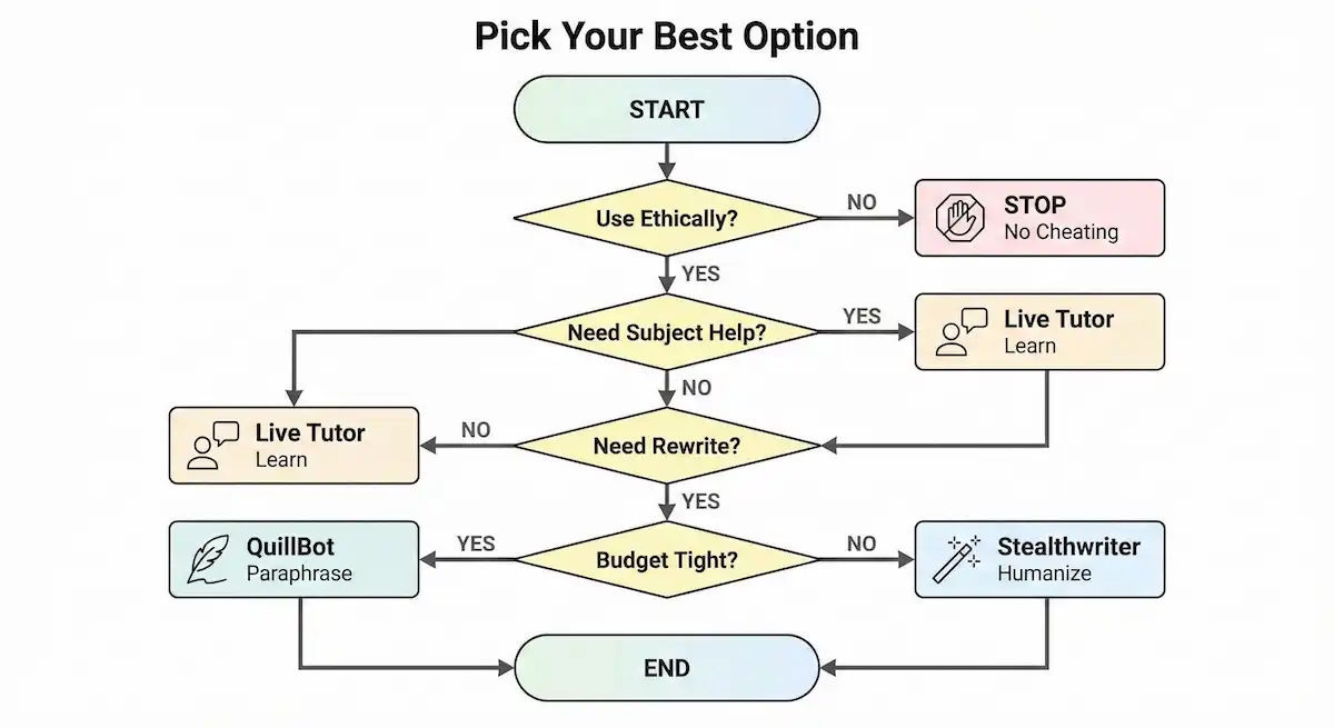Stealthwriter decision flowchart guiding students to choose Stealthwriter, QuillBot, or live tutoring based on goals, budget, and ethical use.
