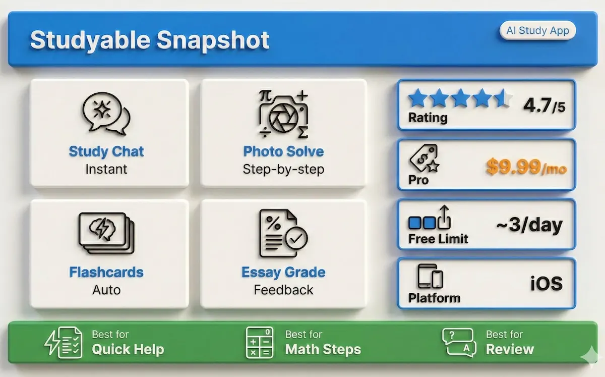 Infographic summarizing Studyable reviews, key features (photo solver, flashcards), pricing, and best-use cases for students.