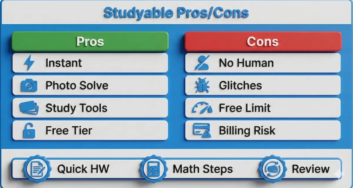 Pros vs cons infographic for Studyable highlighting strengths, drawbacks, and who it’s best for with simple icons and labels.