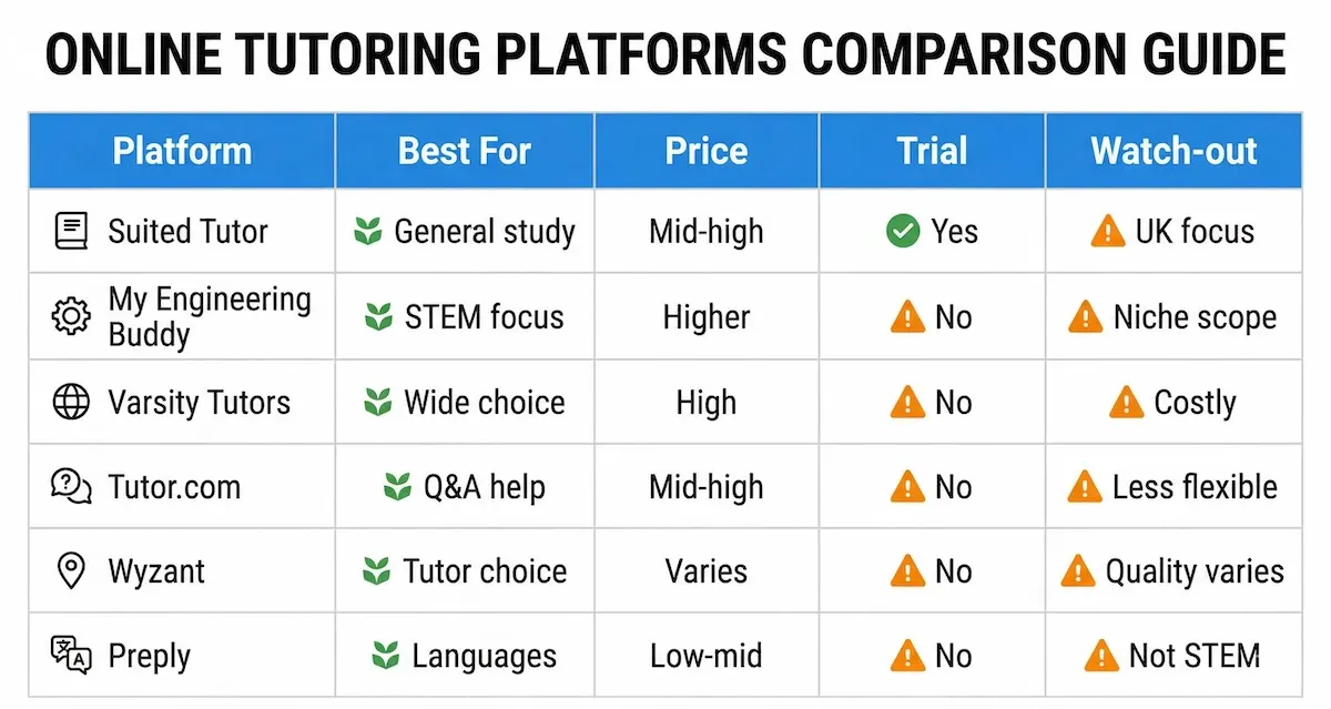 Comparison table of Suited Tutor, MEB, Varsity Tutors, Tutor.com, Wyzant, and Preply by subject fit, pricing, and trial options.