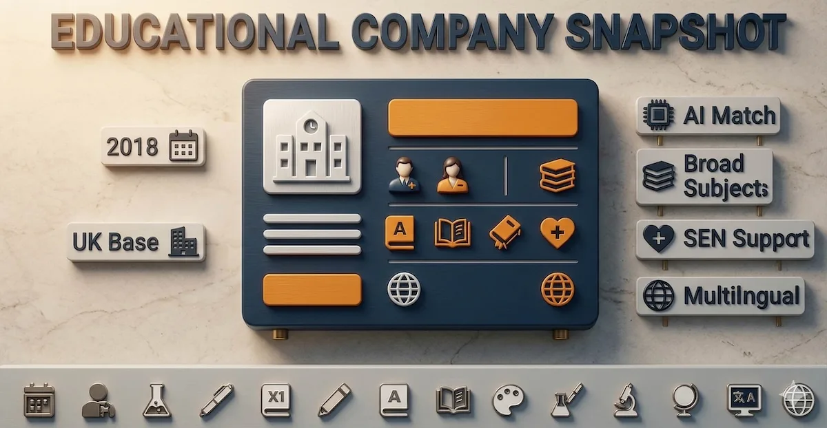 Concept infographic showing Suited Tutor founded in 2018, UK base, broad subjects, AI matching, SEN support, and multilingual tutoring.