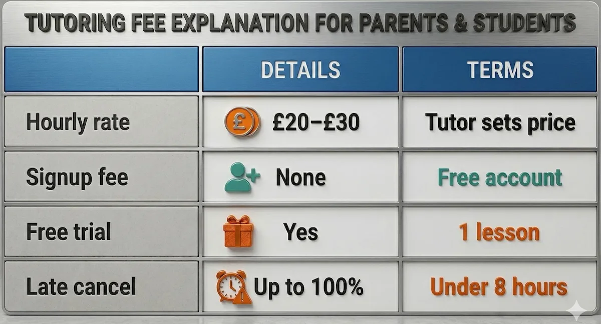 Pricing infographic showing Suited Tutor hourly rates, free trial, no signup fee, and late cancellation charges for families.