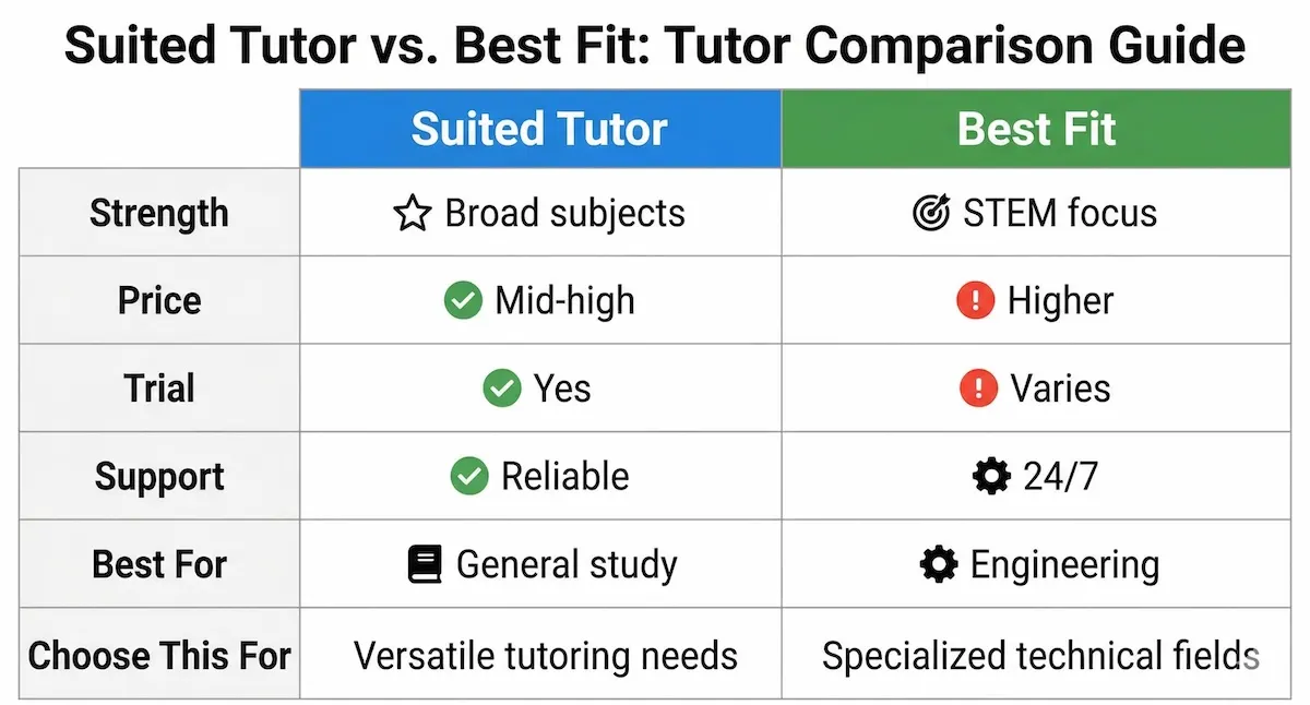 Side-by-side pros and cons infographic helping students choose Suited Tutor or My Engineering Buddy based on subject needs.