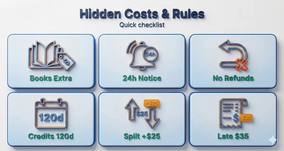 Suprex Learning hidden costs infographic listing books extra, 24-hour notice, no refunds after first session, 120-day credits, and fees.