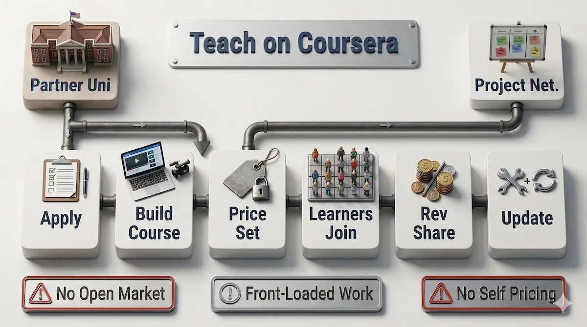 Teaching on Coursera flowchart showing partner university and Project Network paths, course creation, platform-set pricing, enrollments, and revenue share.