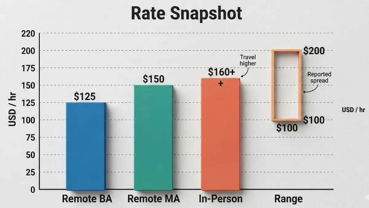 Bar chart showing Themba Tutors pricing, including remote bachelor’s, remote master’s, in-person, and overall reported hourly rate range.