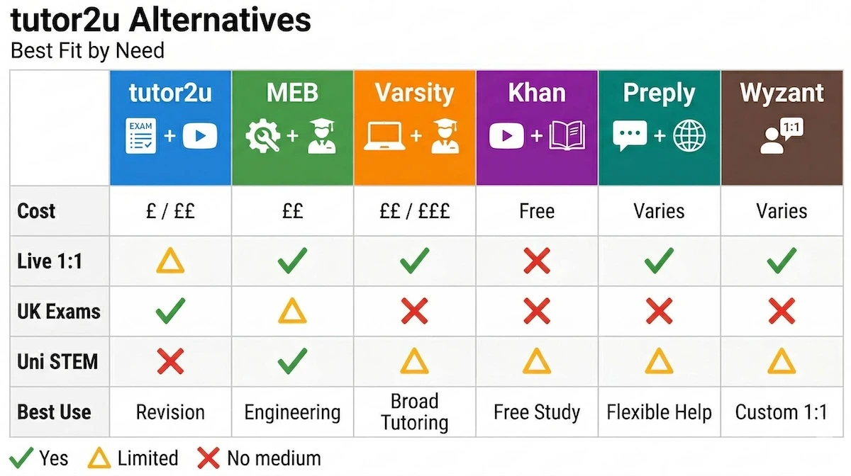 tutor2u alternatives comparison table showing tutor2u, MEB, Varsity Tutors, Khan Academy, Preply, and Wyzant by cost and best use