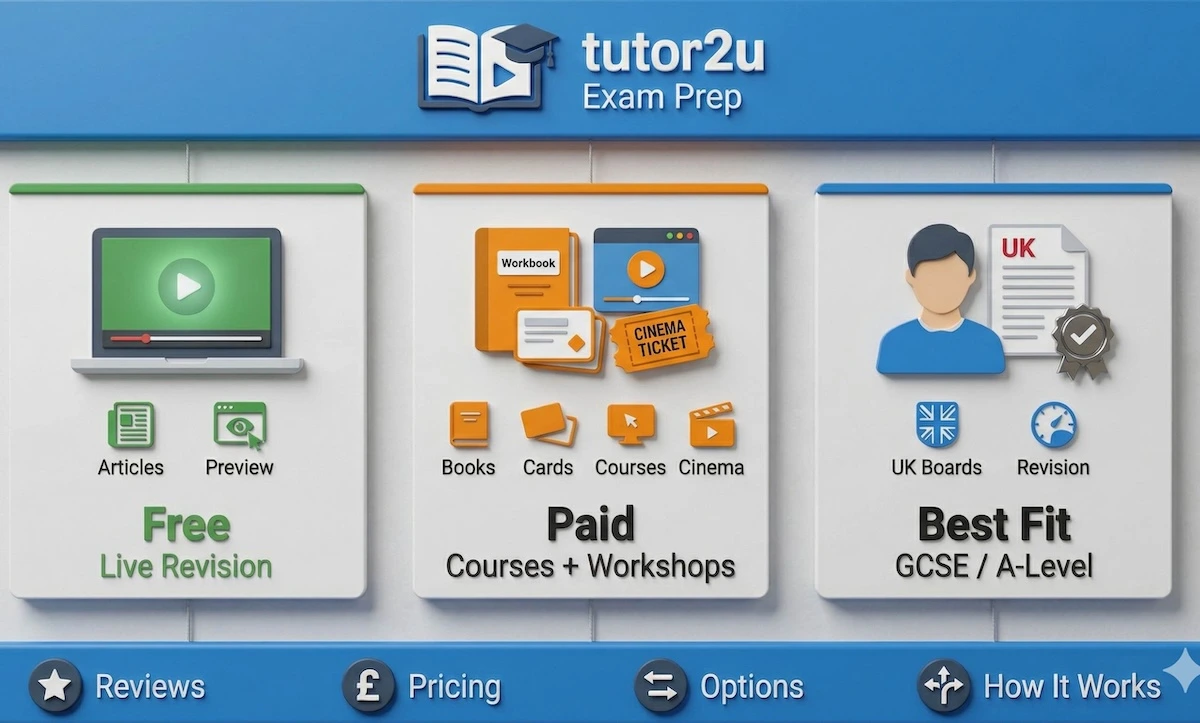 tutor2u overview infographic showing free revision content, paid courses and workshops, and ideal use for GCSE and A-Level exam prep