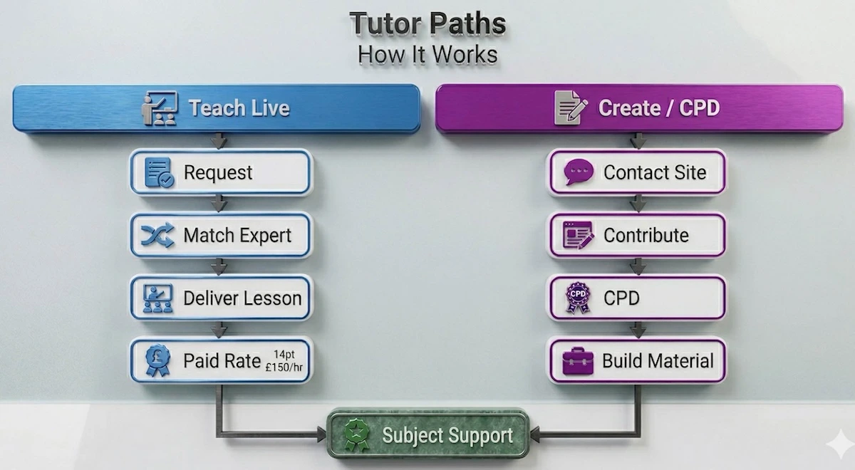 tutor2u tutor workflow diagram showing live teaching, expert matching, content contribution, CPD, and how teachers support students