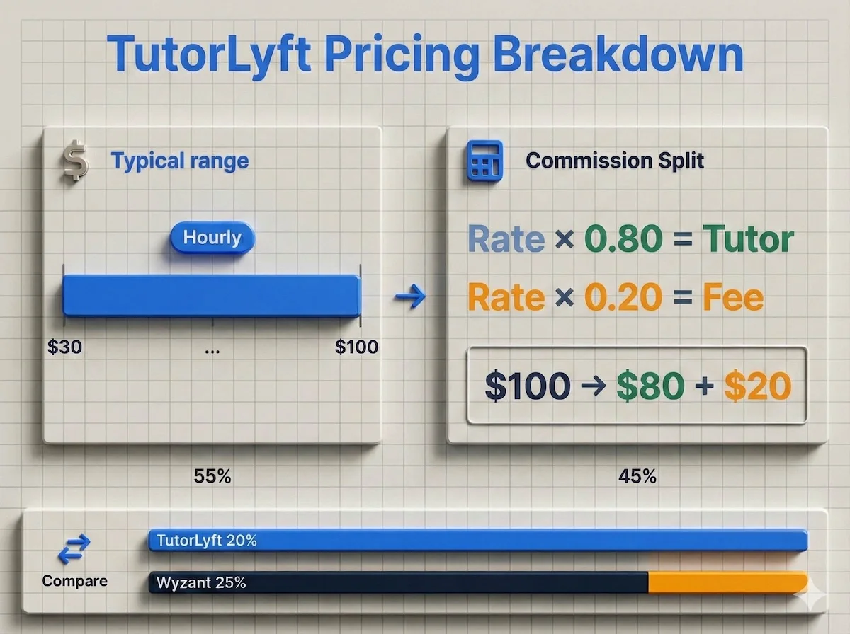 Pricing breakdown infographic: $30–$100/hr range, 20% platform fee vs 80% tutor take-home (e.g., $100→$80), plus Wyzant 25% bar.