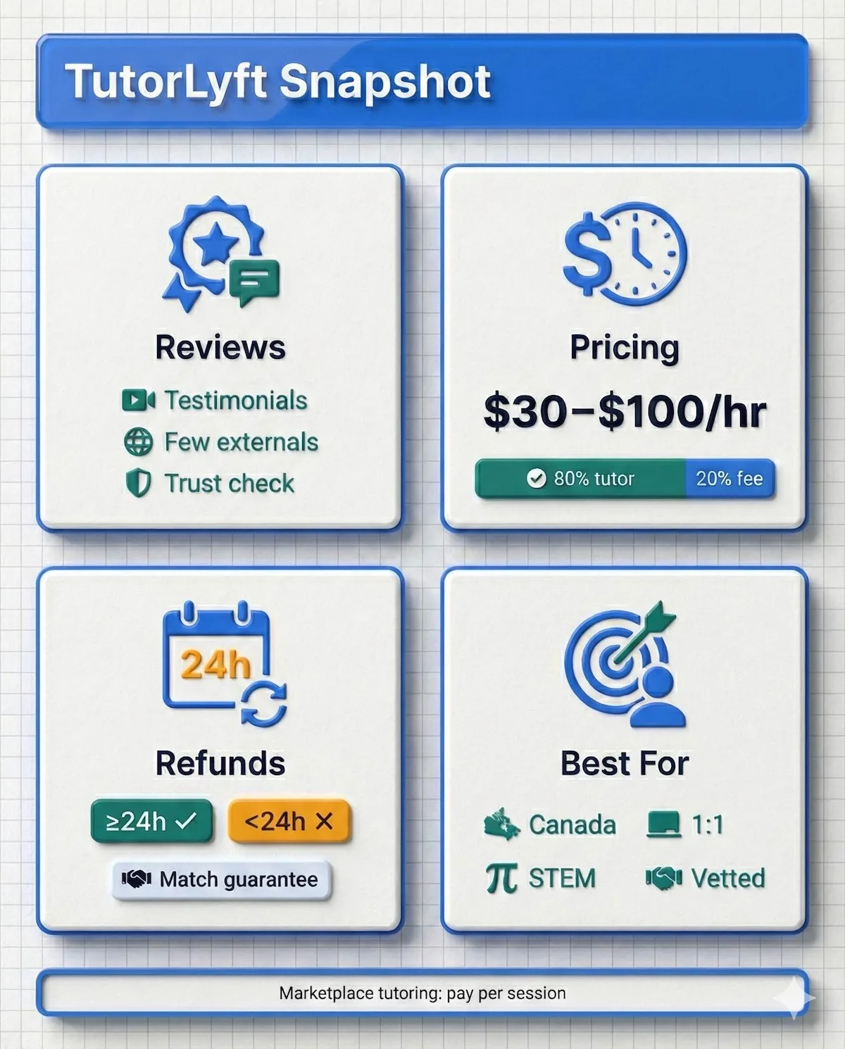 TutorLyft overview infographic summarizing reviews, $30–$100/hr pricing, 24-hour cancellation rule, and best-fit use cases for families.