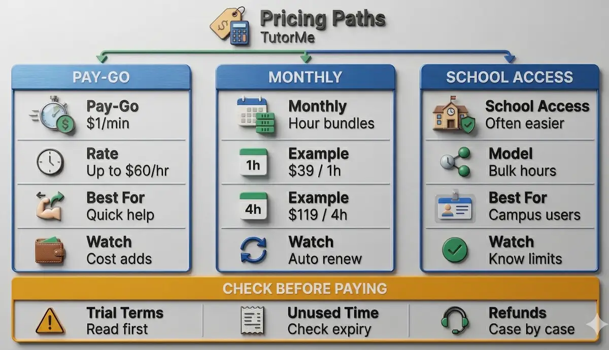 TutorMe pricing infographic comparing pay-as-you-go, monthly hour bundles, school access, and billing caution points like trials and refunds