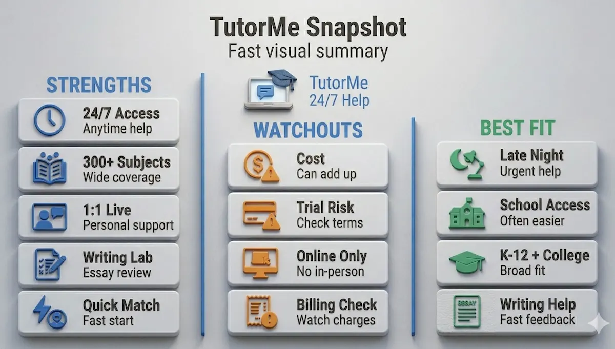 TutorMe review snapshot infographic showing strengths, billing watchouts, and best-fit use cases for students comparing online tutoring options
