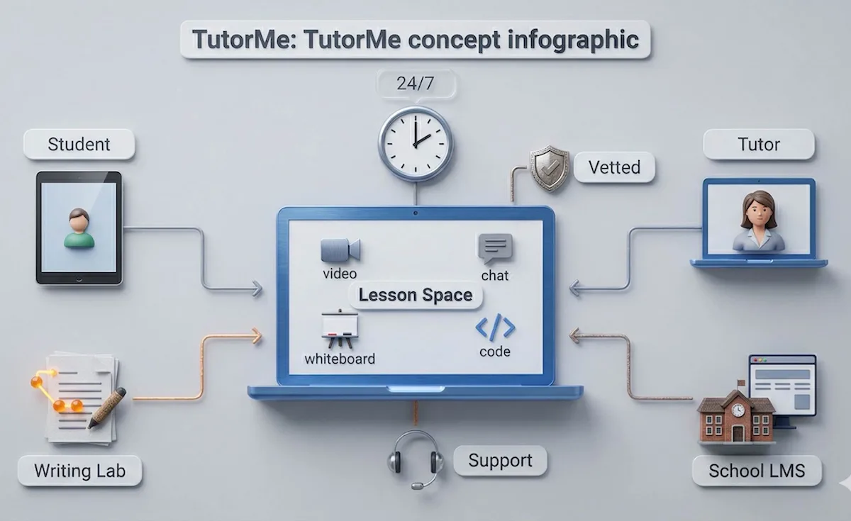Concept illustration showing TutorMe’s service ecosystem with students, tutors, lesson space, Writing Lab, school LMS, support, and 24/7 access