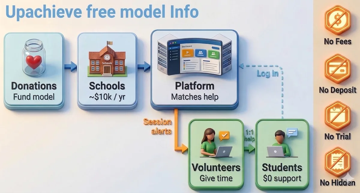 Process diagram showing how Upchieve stays free through donations, school support, volunteer tutors, and zero-cost access for students.