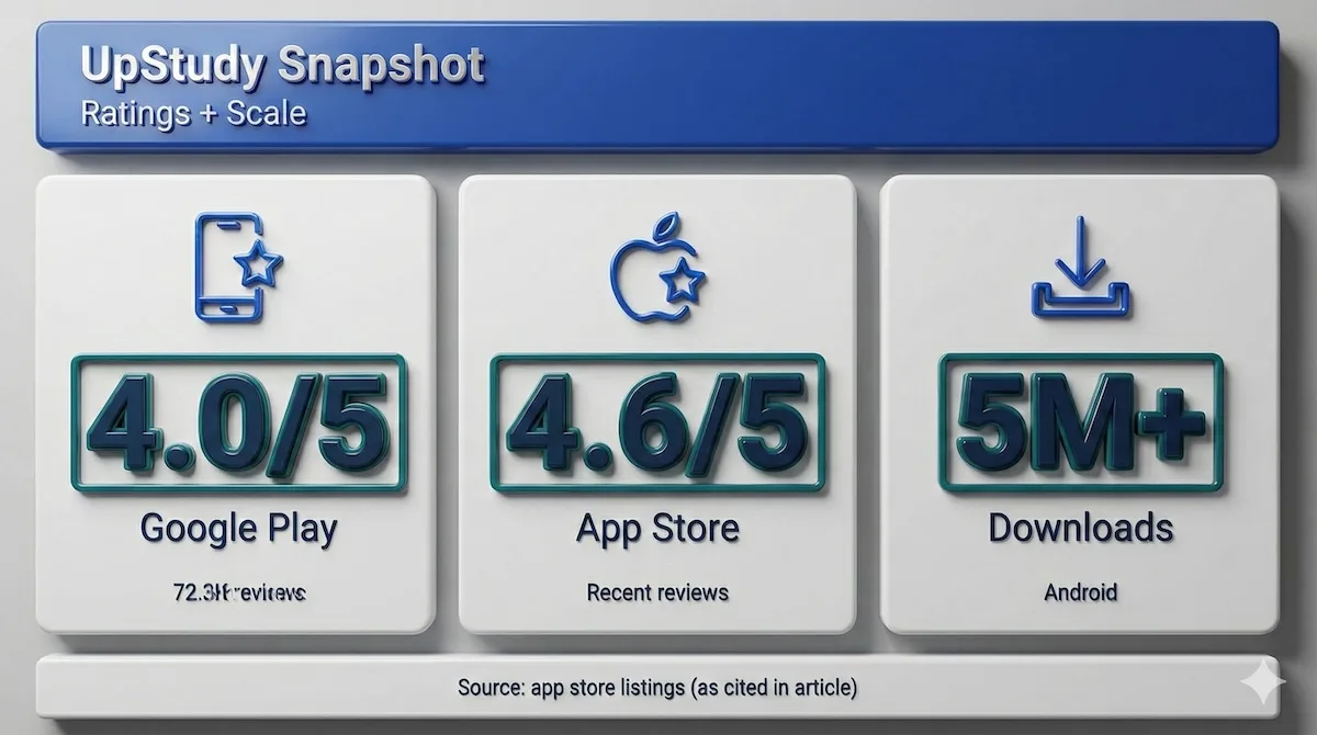 UpStudy app ratings snapshot showing Google Play 4.0/5, App Store 4.6/5, and 5M+ downloads for quick credibility.