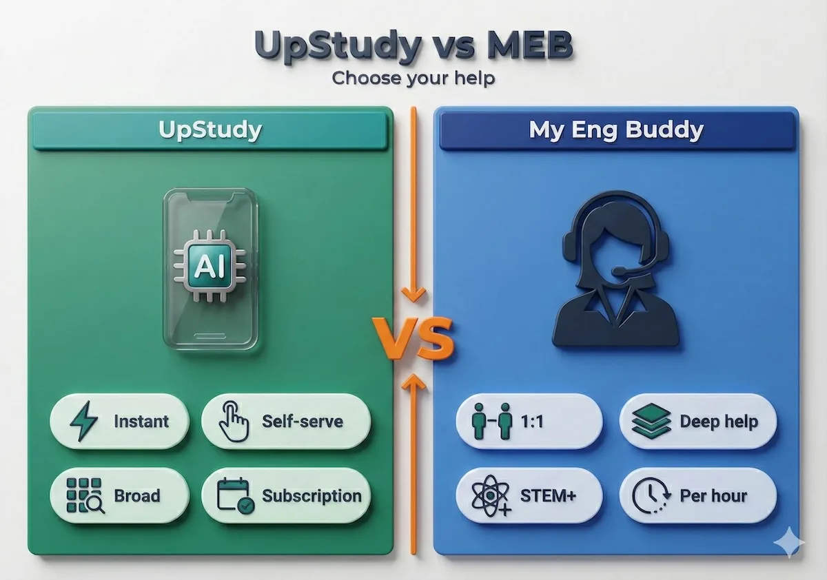 UpStudy vs My Engineering Buddy infographic comparing instant AI homework help with live 1:1 tutoring depth, billing style, and best use cases.
