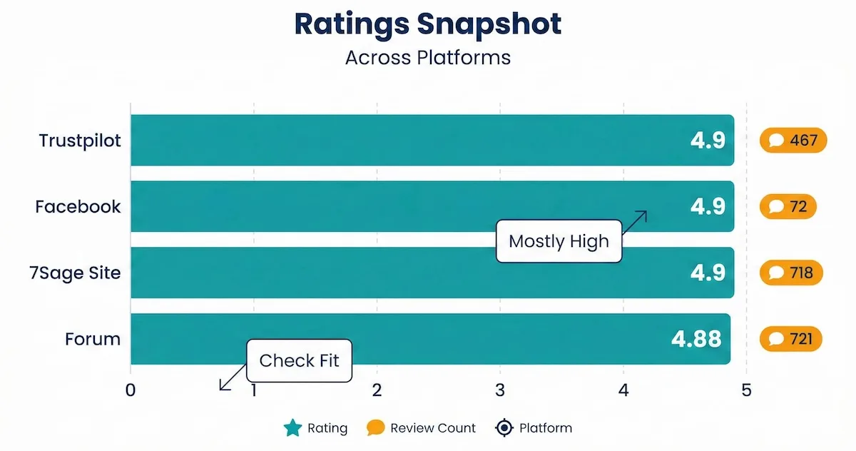 Bar chart comparing 7Sage LSAT ratings and review counts across Trustpilot, Facebook, 7Sage site reviews, and forum feedback.