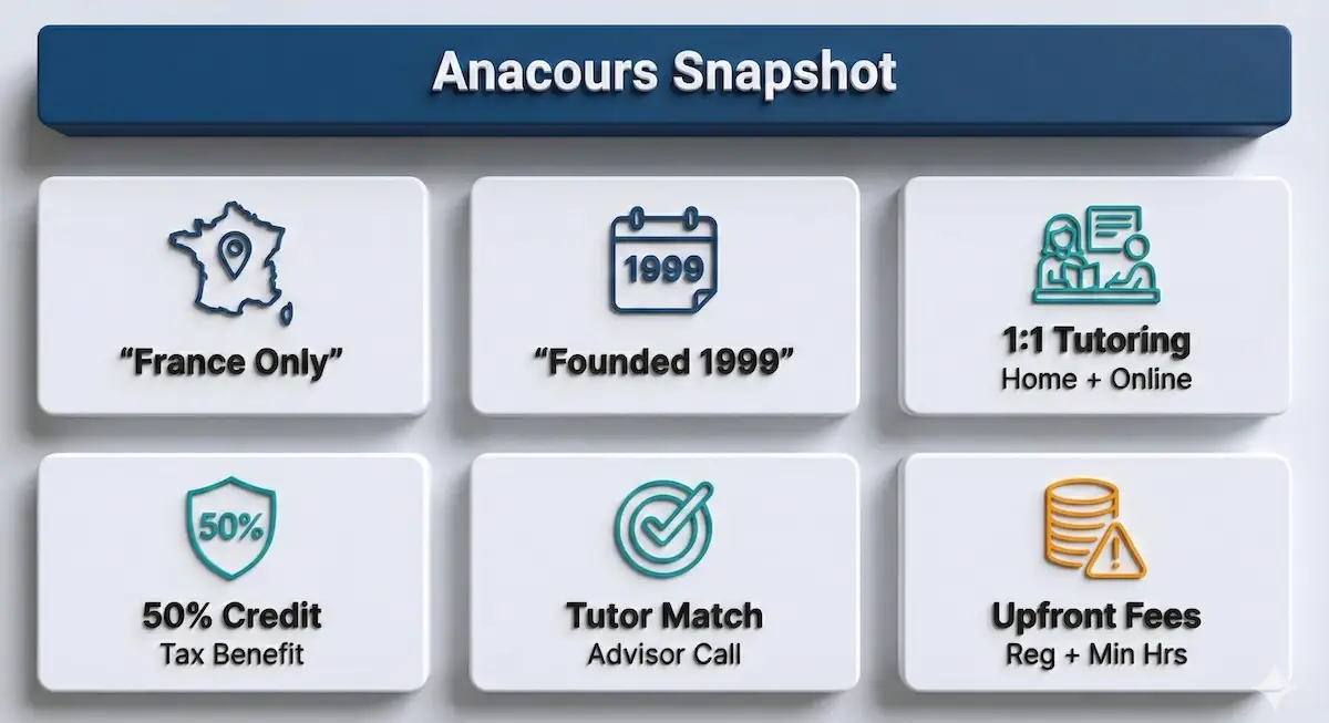 Anacours snapshot showing France-only tutoring, 1999 founding, 1:1 format, 50% tax credit, matching, and upfront fees.