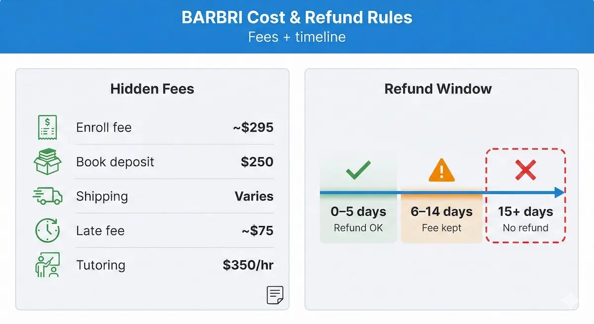 Checklist of BARBRI extra fees and a refund timeline showing key cancellation windows from 0–5 days to 15+ days with no refunds.