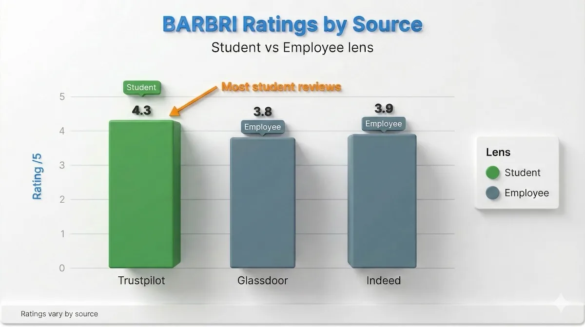 Bar chart comparing BARBRI ratings across Trustpilot, Glassdoor, and Indeed, highlighting student vs employee review sources.