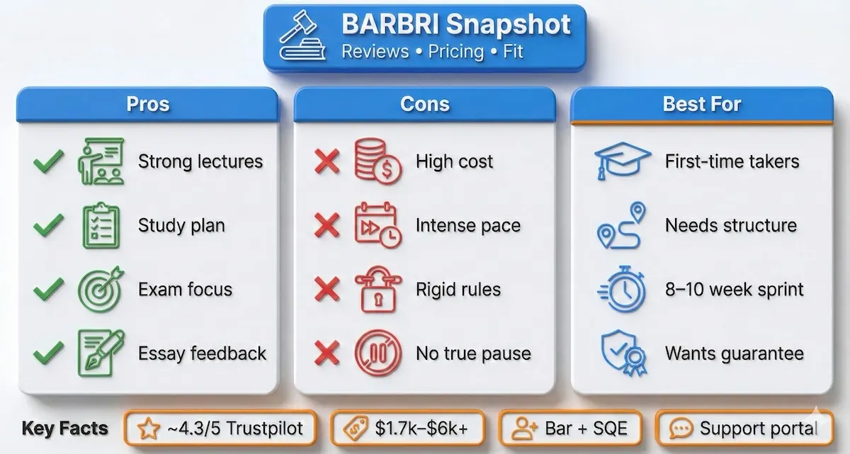 Snapshot infographic summarizing BARBRI reviews, pricing range, key pros/cons, and who the bar prep course fits best.