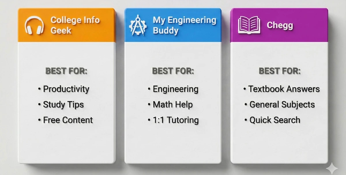 Summary cards showing College Info Geek is best for productivity, My Engineering Buddy for engineering tutoring, and Chegg for textbook answers.