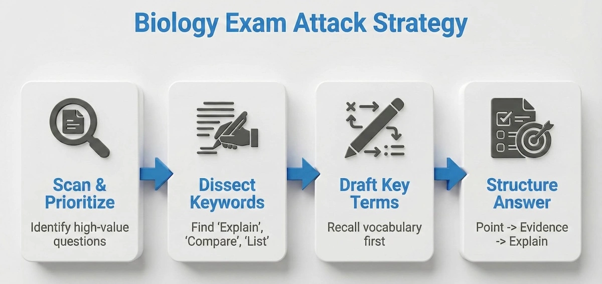 Strategic flowchart showing how to tackle biology exam questions: Scan & Prioritize, Dissect Keywords, Draft Key Terms, and Structure the Answer.