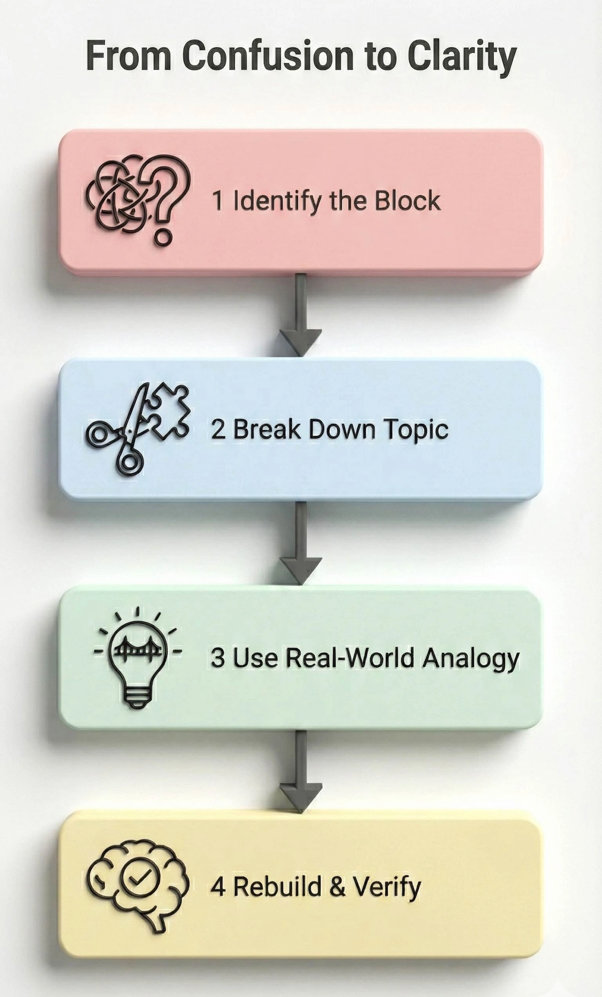 Flowchart demonstrating the 4-step process online biology tutors use to simplify complex topics: Identify, Break Down, Use Analogies, and Verify Understanding.