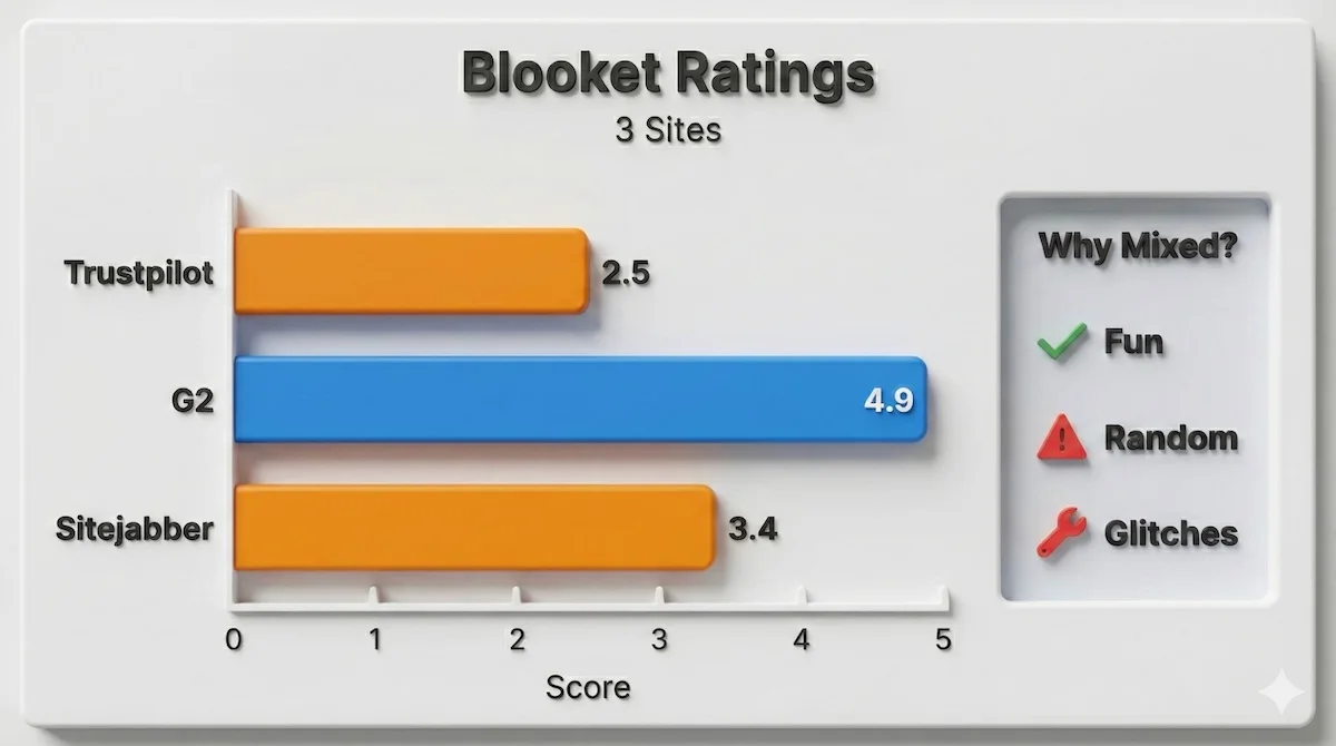 Bar chart comparing Blooket ratings across Trustpilot, G2, and Sitejabber, highlighting why scores differ by platform.