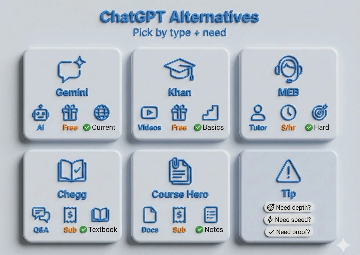 Comparison table of ChatGPT alternatives (Gemini, Khan Academy, MEB, Chegg, Course Hero) by type, cost range, and ideal use cases.