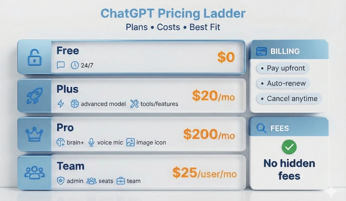 Pricing ladder showing ChatGPT Free, Plus, Pro, and Team plan costs in USD, auto monthly renewal, and what each tier suits best.