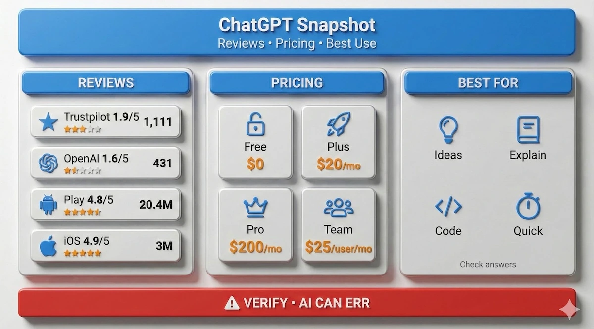 Overview infographic summarizing ChatGPT reviews, key ratings, pricing tiers, best uses, and a verification warning for students.