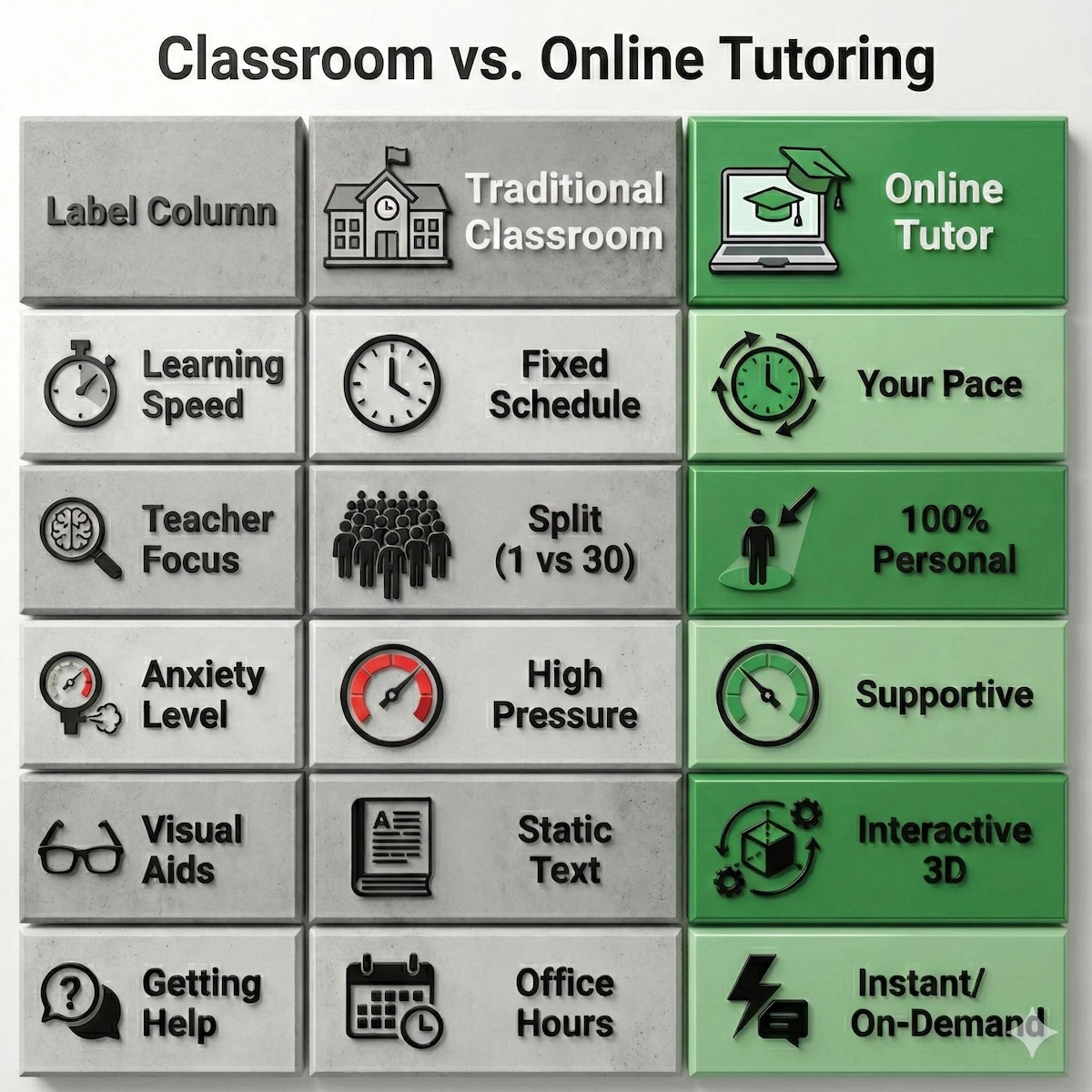 Comparison table highlighting differences between traditional classroom learning and online biology tutoring across pace, attention, stress levels, tools, and accessibility.
