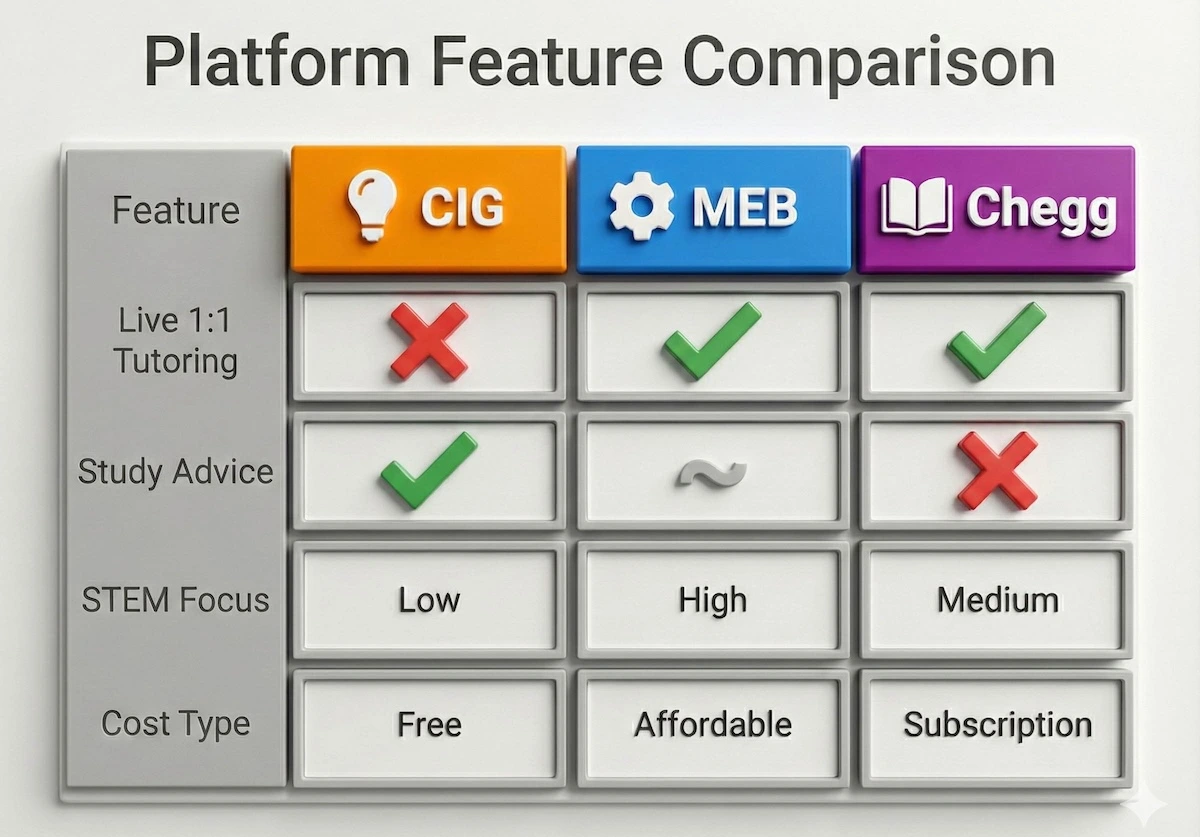 Comparison table showing features of College Info Geek, My Engineering Buddy, and Chegg, highlighting differences in tutoring, cost, and STEM focus.