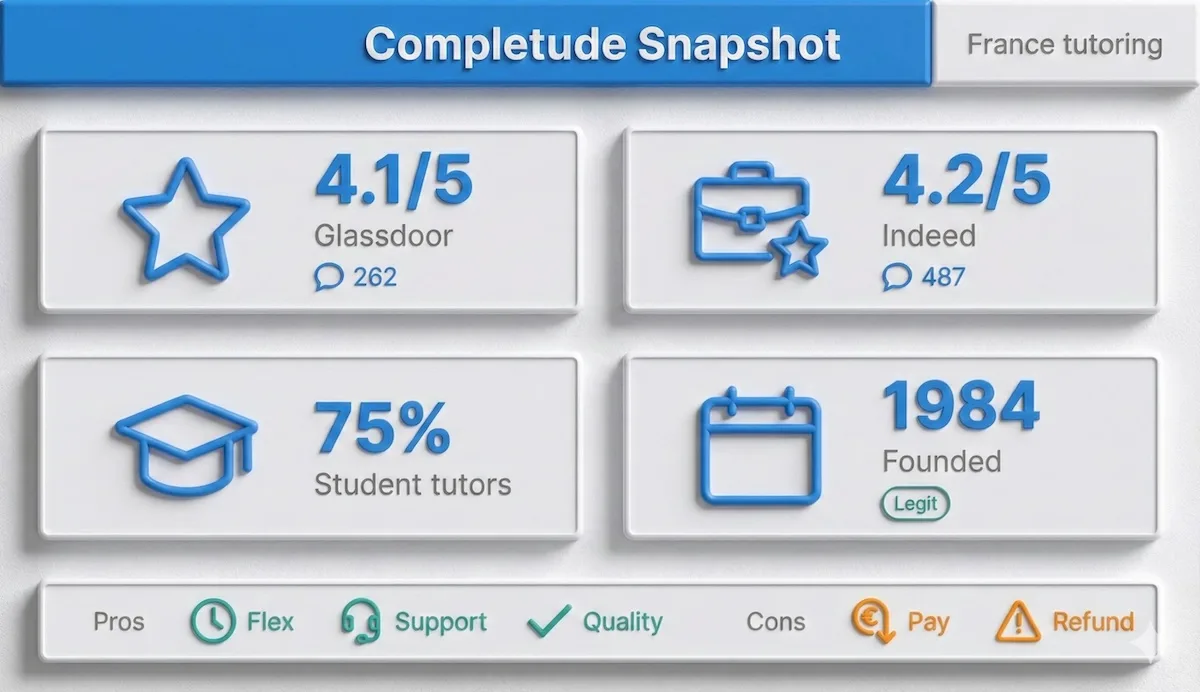Dashboard snapshot of Complétude reviews, ratings, tutor mix, and founding year to assess trust and legitimacy quickly.