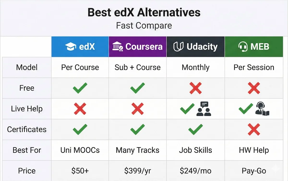 Comparison table of edX alternatives showing pricing model, free access, live help, certificates, best use case, and typical price.