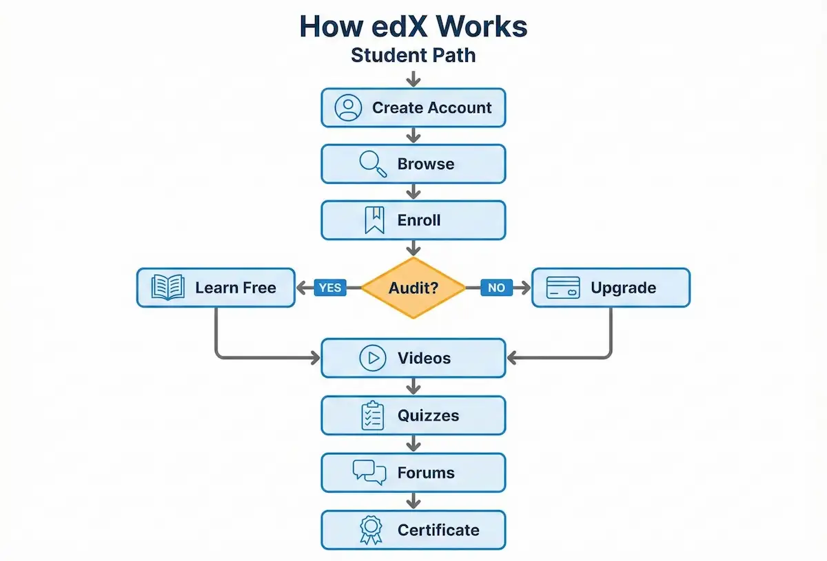 Flowchart of how edX works for students from account creation to audit or upgrade, learning steps, forums, and earning a certificate.